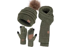 Remifa Winter Beanie Hat Scarf Gloves Set for Women, Slouchy Pom Pom Hat Long Knit Scarf Touchscreen Gloves Christmas Gifts