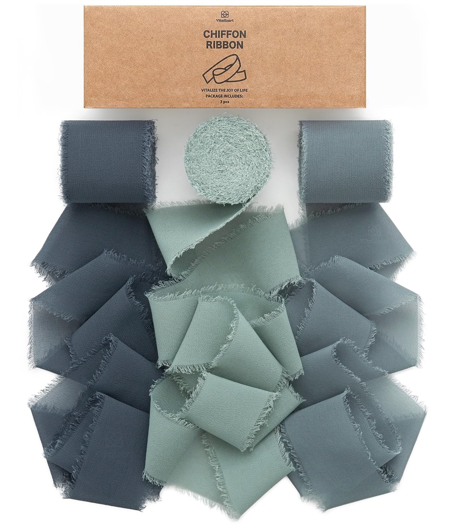 Vitalizart Chiffon Ribbon 3 Rolls 1.5'' x 7 Yd Dusty Blue, 1.5'' x 21 Yd Silky Ribbons Handmade Fringe for Wedding Invitations, Bridal Bouquets, Gift Wrapping, Holiday Decoration, DIY Crafts