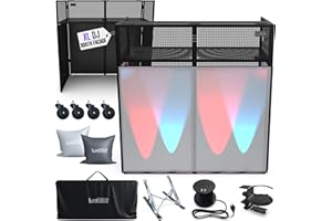 ILOGICASE XL 50x25in Portable DJ Booth Facade Table with White/Black Scrims | Controller and Audio Mixer Stand, With Wheels, Multiplug, Laptop Stand, Cable Organizer, Headphones Holder and Carry Bag