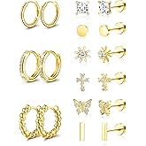 Hypoallergenic Surgical Steel Flat Back Earrings for Women Trendy 14K Gold Cartilage Earring Helix Conch Tragus Piercing Jewelry Earring Stacks Small Hoop Flatback Earrings Sets for Multiple Piercing