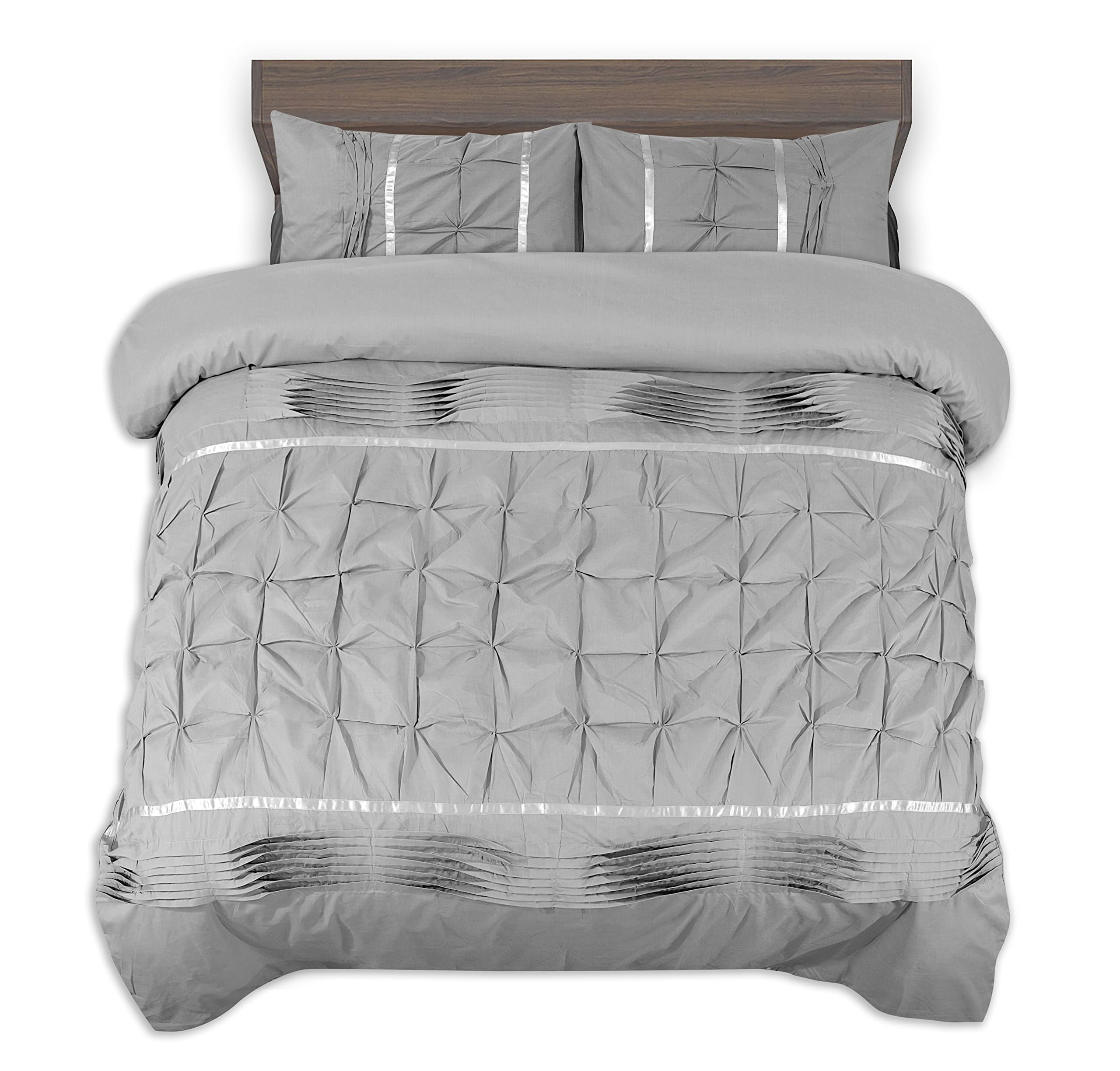 Grey Double Duvet Cover Set Pintuck Pinch Pleat Soft Palermo Quilt Case Diamond Ribbon Design Bedding & Linen Bed Set With Pillow Cases