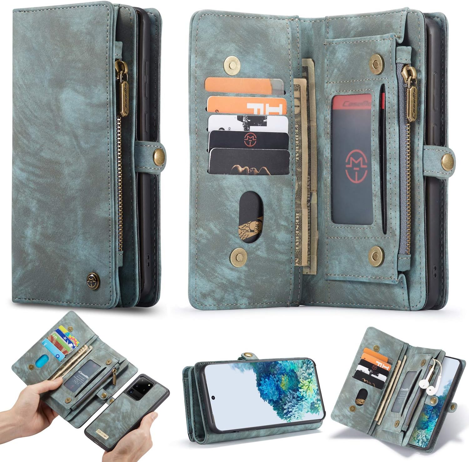 ANROD Detachable Leather Wallet Case for Samsung Galaxy S20 Ultra,CaseMe Magnetic Closure 2-in-1 Flip TPU Shockproof Zipper Purse Back Cover with Card Slots (Blue)