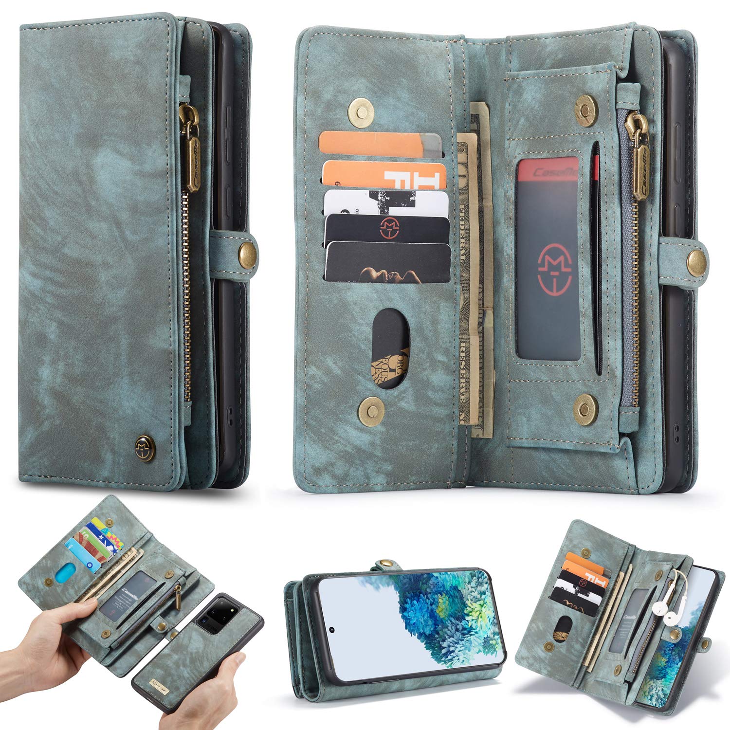 ANROD Detachable Leather Wallet Case for Samsung Galaxy S20 Ultra,CaseMe Magnetic Closure 2-in-1 Flip TPU Shockproof Zipper Purse Back Cover with Card Slots (Blue)