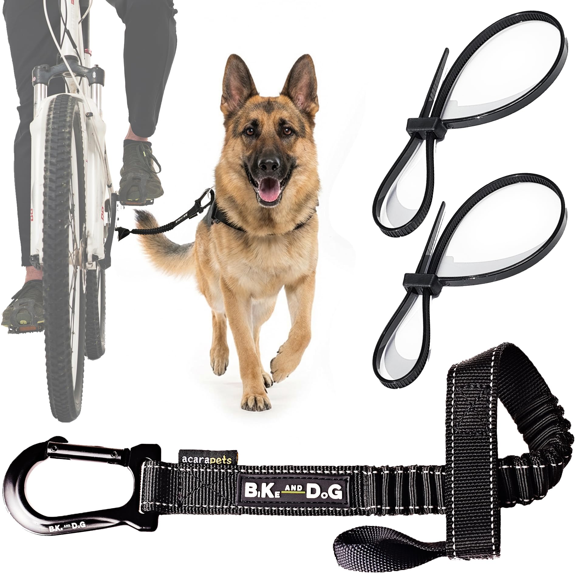 BIKE AND DOG - Bicycle dog leash, tool-free attachment, special harness option, includes 2 bike ties. Patented. (Black)