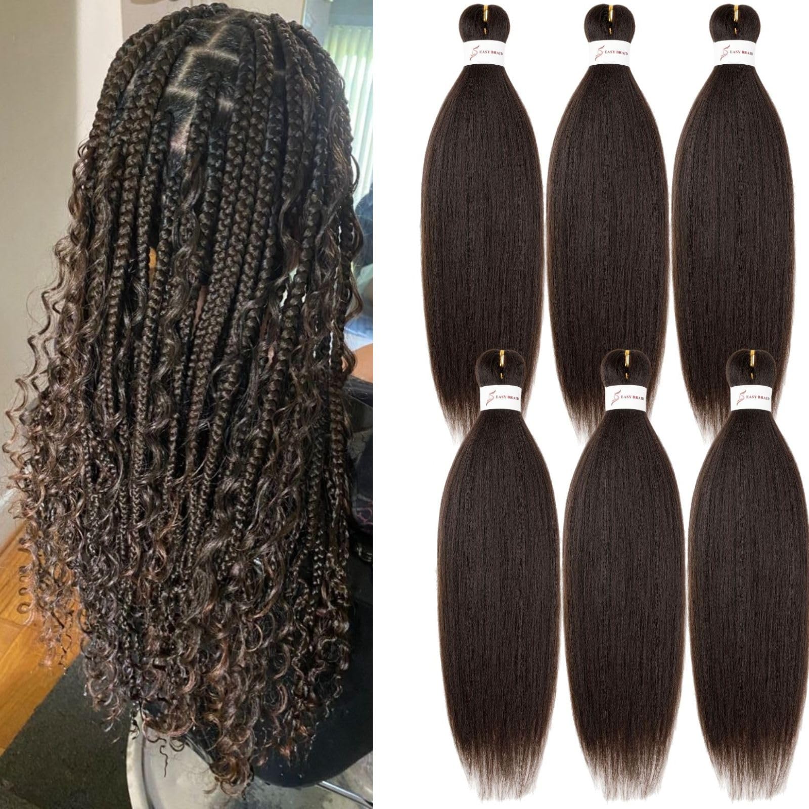 Photo 1 of Braiding Hair, Braiding Hair Pre Stretched Menethe Hair 24 Inch Dark Brown Braiding Hair 6 Packs Professional Pre Stretched Braiding Hair Extensions Soft Yaki Synthetic Crochet Braids(24Inch,4#).