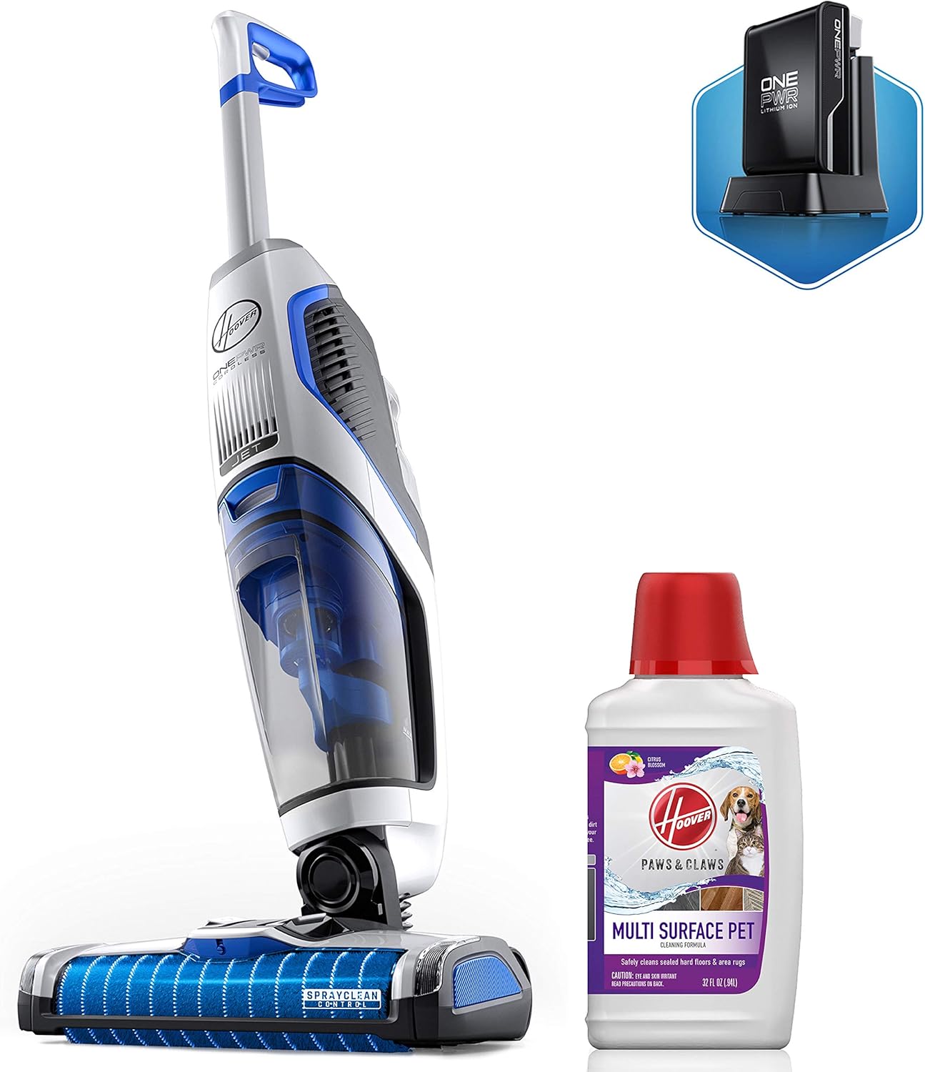 Hoover ONEPWR Cordless FloorMate Jet Hard Floor Cleaner, Wet Vacuum with Paws & Claws Multi Surface Cleaning Solution (32 oz), BH55210, AH30429