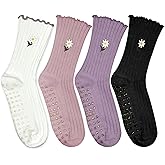 ERMO NKES 4 Pairs Cute Pilates Grip Socks for Women – Ruffle Top Non Slip Yoga Barre Crew Socks for Workout, Dance, Hospital