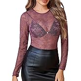 Avidlove Lace Mesh Top for Women Long Sleeve Crew Neck Sheer Blouse See Through Floral Lace Tops