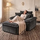 HYJT-H&amp;K 63.5" Oversized Chaise Lounge Sofa, Boneless Chair with Ottoman | Gray/Comfy Corduroy Reading Chair has Deep Seat,Ergonomic Armrests and 3 Pillows,No Assembly,For Living Rooms,Bedrooms