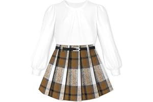 Aulyffo Girl Skirt Sets 3 Piece Girls Clothes Crew Neck Ruched Lantern Sleeve Tops Plaid Mini Skirts Fall Winter Outfit 6-12T