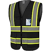 LIZMOF Black Safety Vest for Men, Hi Vis Vest with Zipper, Construction Work Vest for Men Women, High Visibility Apparel with Reflecitve Strips, ANSI Compliant, Class3, Black, L