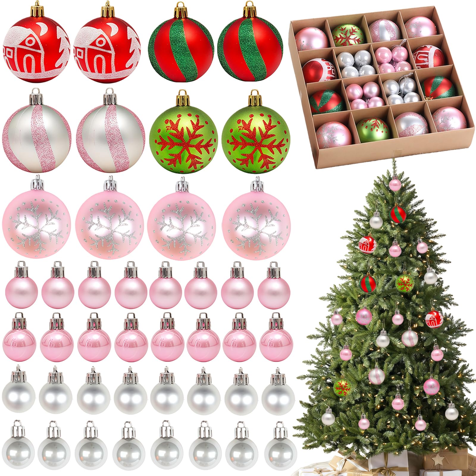 44Pcs Pink Christmas Tree Baubles, Xmas Baubles Hanging Ornaments for Christmas Tree Winter Holiday Party Home Shatterproof Balls Seasonal Bauble Xmas Balls Pink Decorations