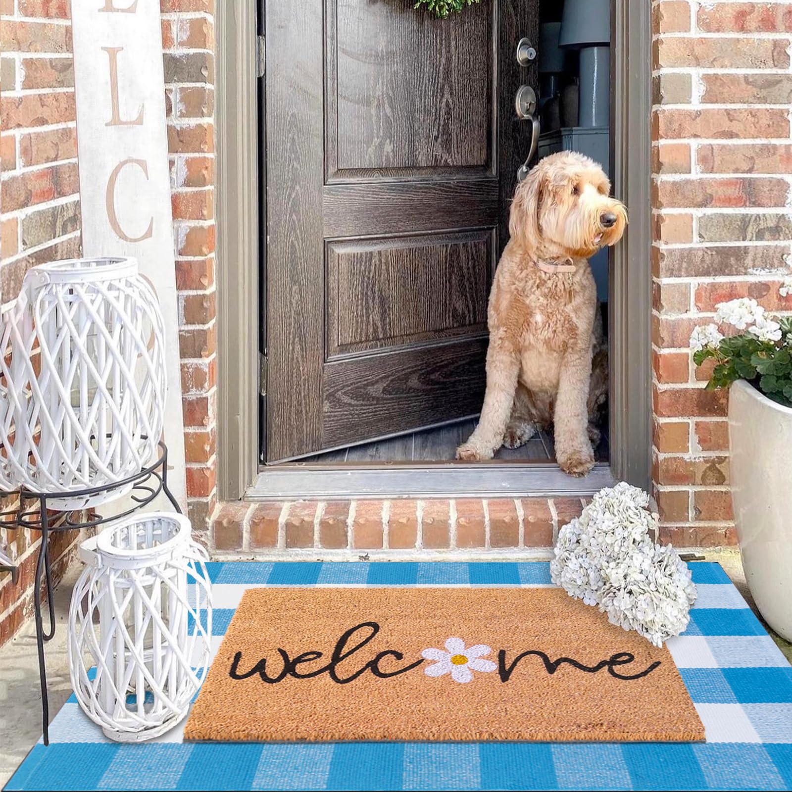 Fallovea Spring Welcome Door Mats Combo Set, 100% Coco Coir Doormat with Welcome & Flower + 28" x 43" Blue and White Plaid Rug, Front Porch Entryway Decor Indoor Outdoor Floor Easter Mats - Image 5