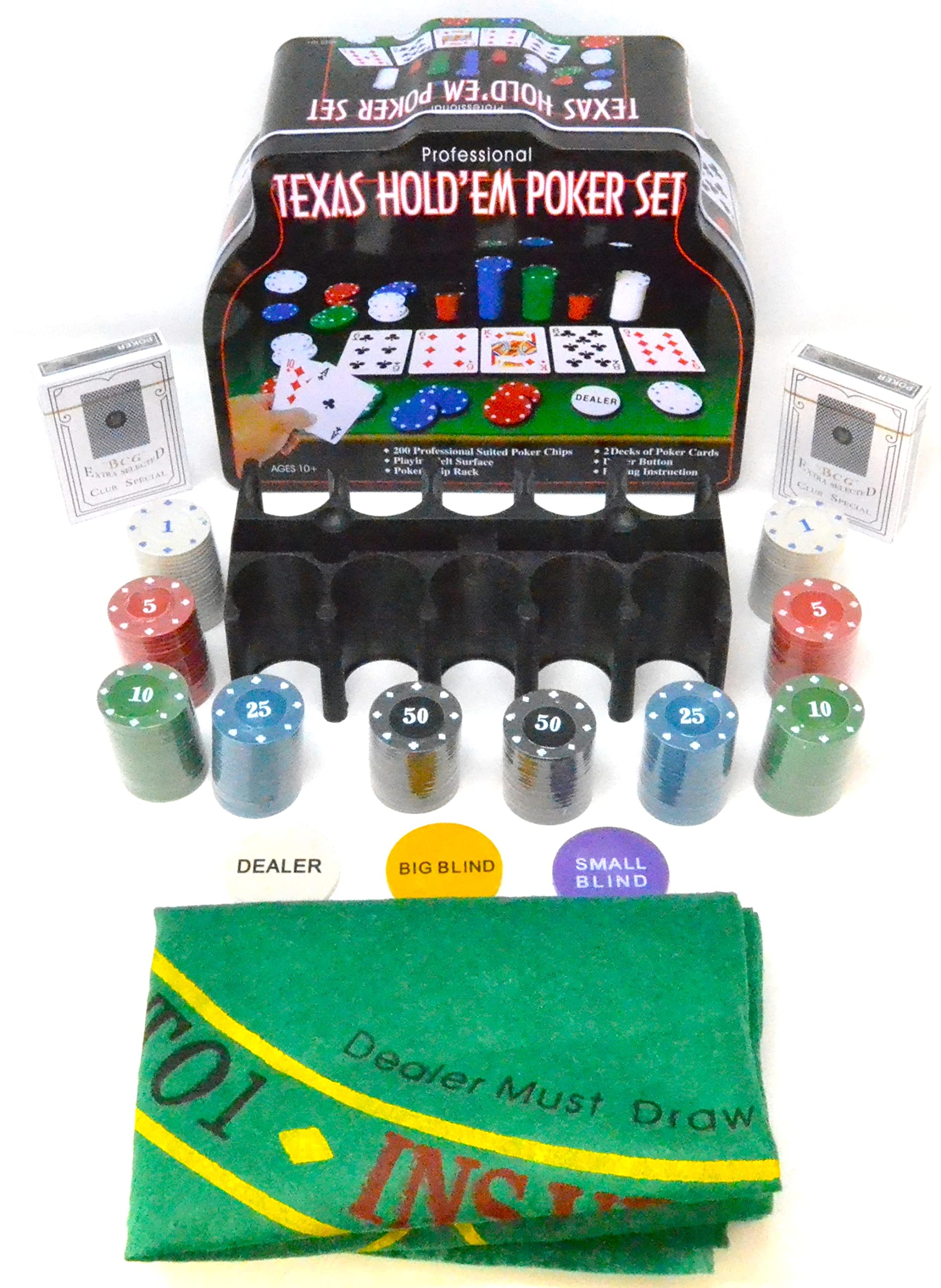 BETTER WITH FRIENDS Poker Complete Team 100 Poker Chips (Texas Hold'em' Poker) 2 Packs of Playing Cards with Mat 1e 5e 10e 25e and Crupier Chips in Metal Box, Adult Professional