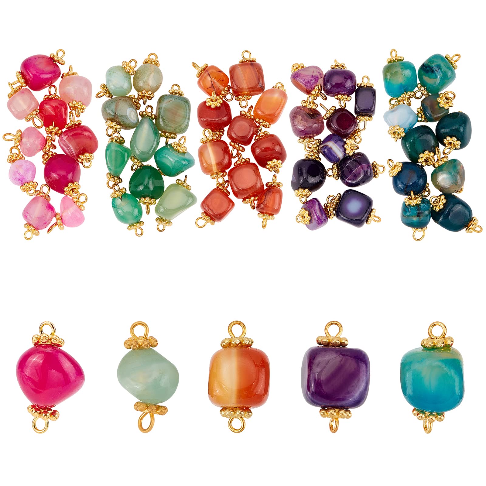 FINGERINSPIRE 50Pcs Natural Agate Stone Connectors with Spacer Flower Beads Eye Pin (10mm) Irregular Link Stone Connectors Crystal Agate Pendant Link Charms for Necklace Bracelet Jewelry Making