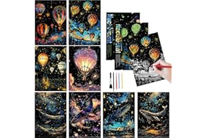 TOULIDEIFARIA Scratch Art 8 Sheets12 x 8.2 Inches Rainbow Scratch Paper with 6 Paint by Scratch Tools（Hot Air Balloon & Whale）