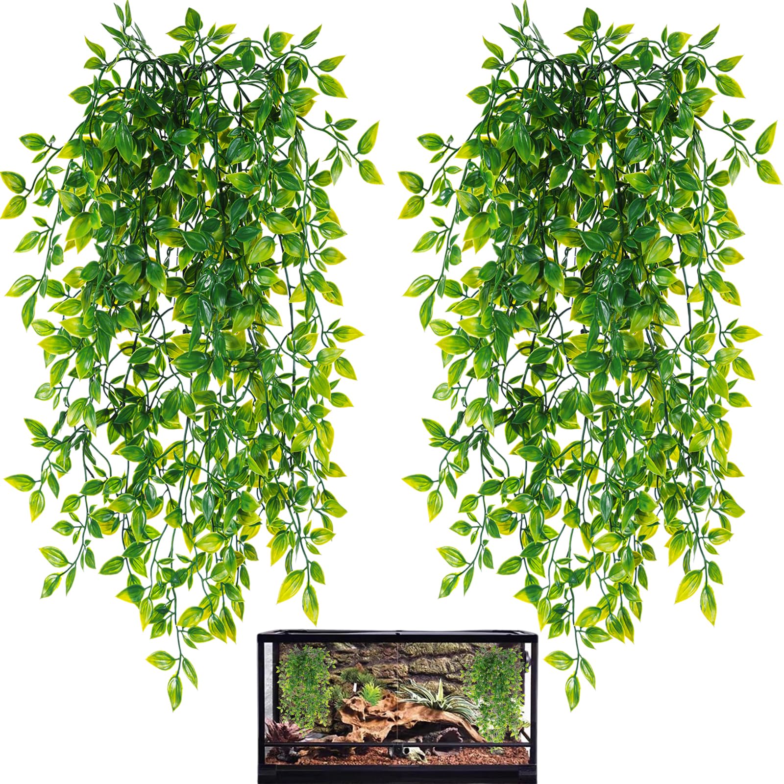 Photo 1 of HERCOCCI Reptile Plants, 2 Pack Terrarium Hanging Plants Vines Artificial Leaves Habitat Decorations with Suction Cup for Bearded Dragon Hermit Crab Lizard Snake Geckos Chameleon