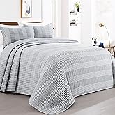 HOMBYS 128x120 Seersucker Patchwork Oversized King Quilt Set, Lightweight Plaid Bedspread Coverlet Set, All Season Bohemian Home Bedding Decor with 2 Pillow Shams, Grey