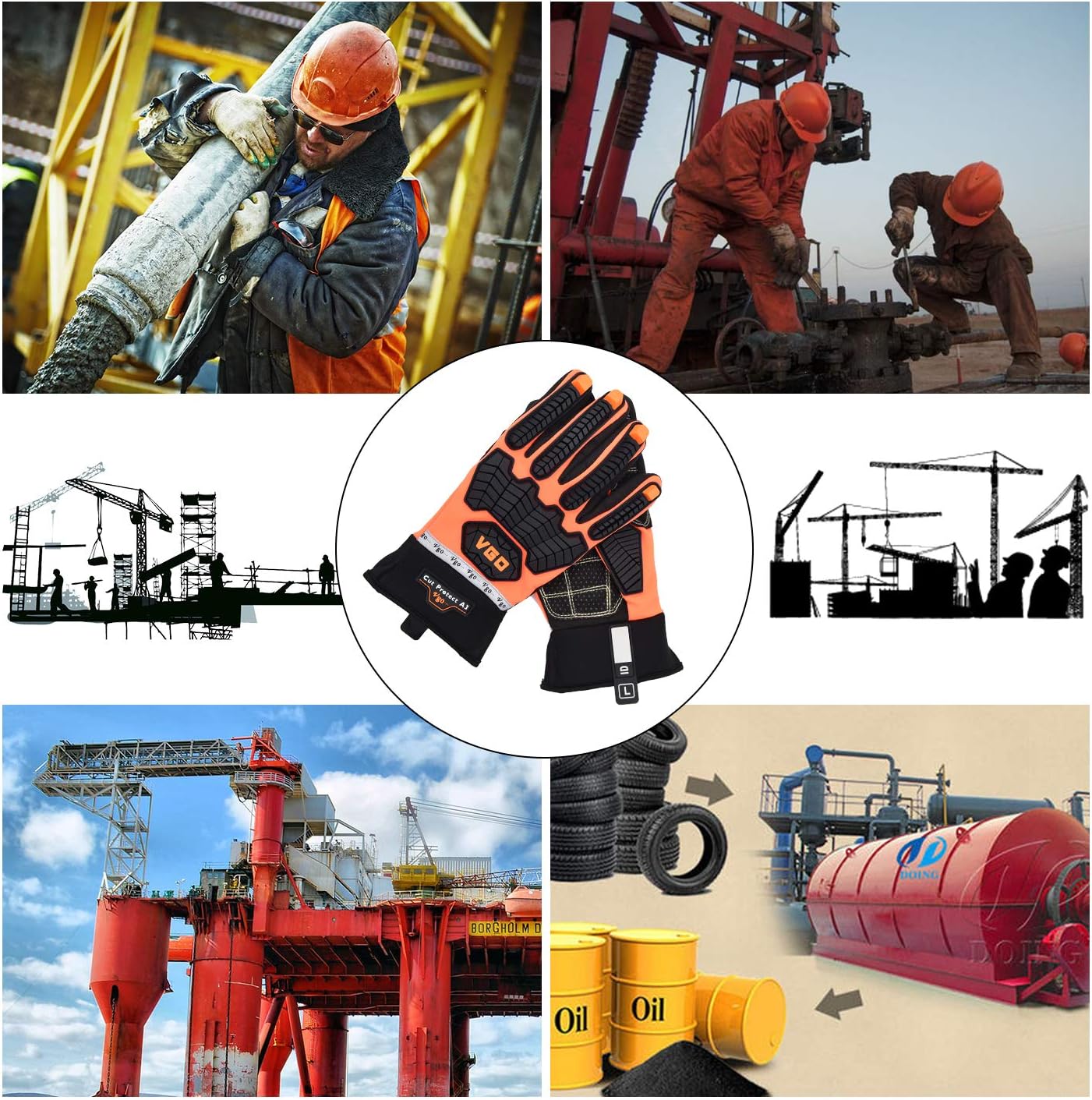 Vgo Offshore Anti Vibration Oil-Proof Cut Resistant ANSI A3 Cut-Resistance Impact Protection Water-repellent Safety Synthetic Leather Work Gloves (Size L, Orange, SL9769HY) - - 