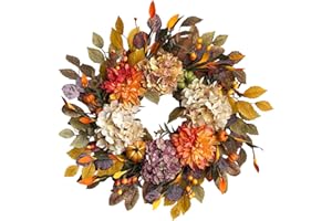 ECERANGUS 24Inch Fall Wreaths for Front Door,Fall Wreath with Beige Hydrangea,Orange Dahlia Artificial Flowers,Pumpkins,Autumn Wreaths for Harvest Thanksgiving Halloween Indoor Outdoor Home Decor