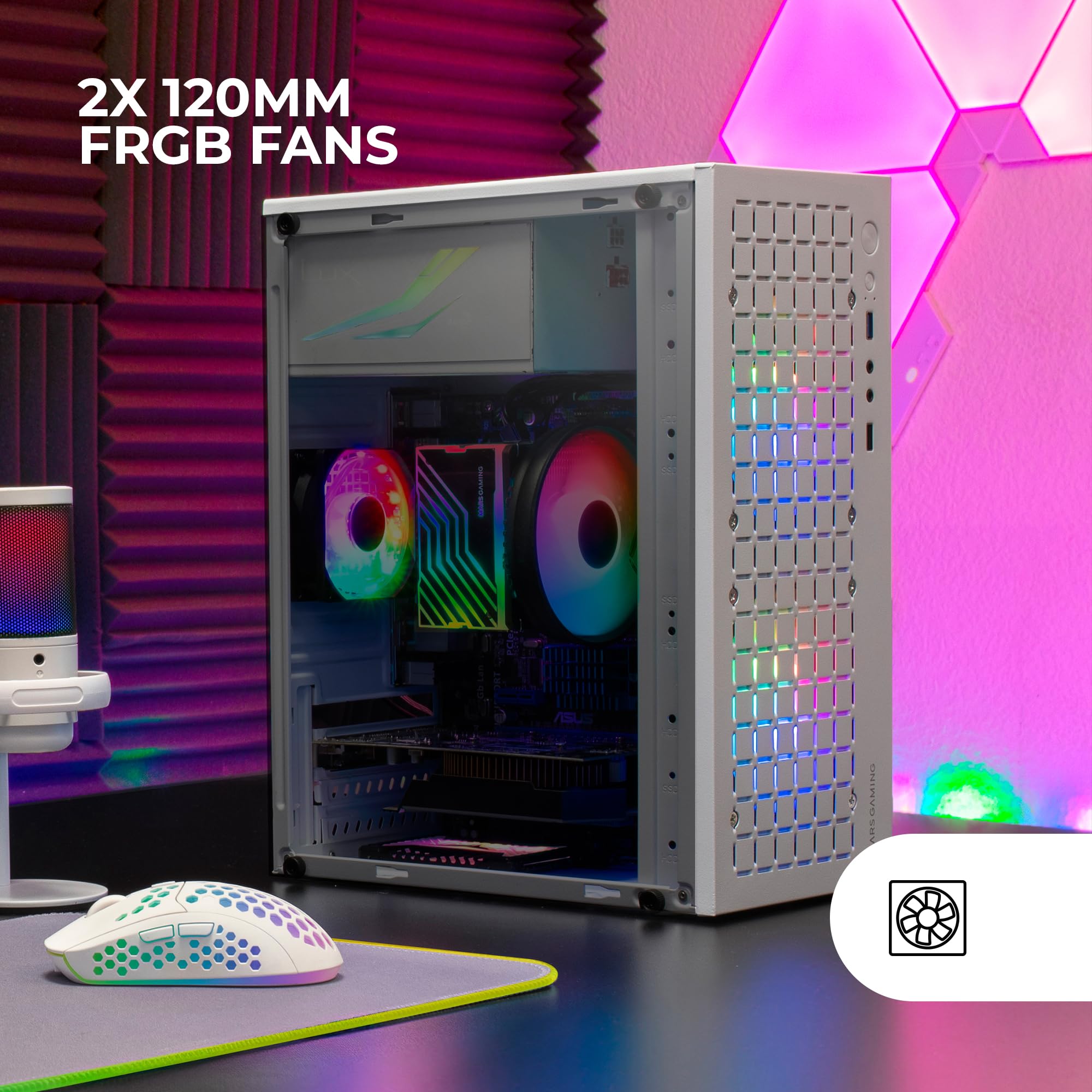 Mars Gaming MC-CORE, Ultrakompaktes MicroATX Gaming-Gehäuse, Frontdesign Metal-Mesh, 2X FRGB 120mm Lüfter, Seitliches Vollfenster, Mini-Tower PC mit USB 3.0, Weiß 3