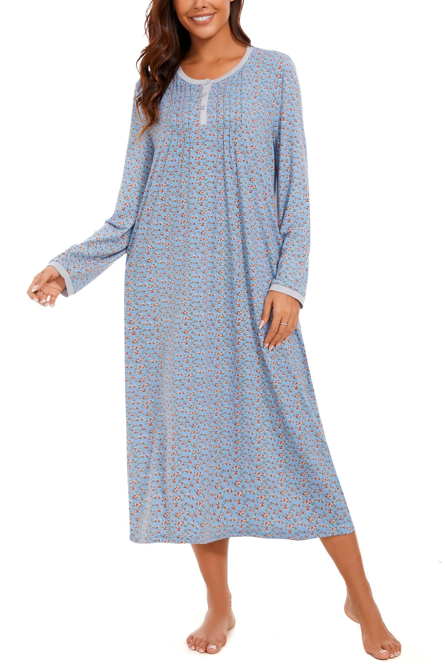Photo 1 of AVIIER Cotton Nightgowns for Women Soft Long Sleeve Night Gown with Pockets Blue flower S