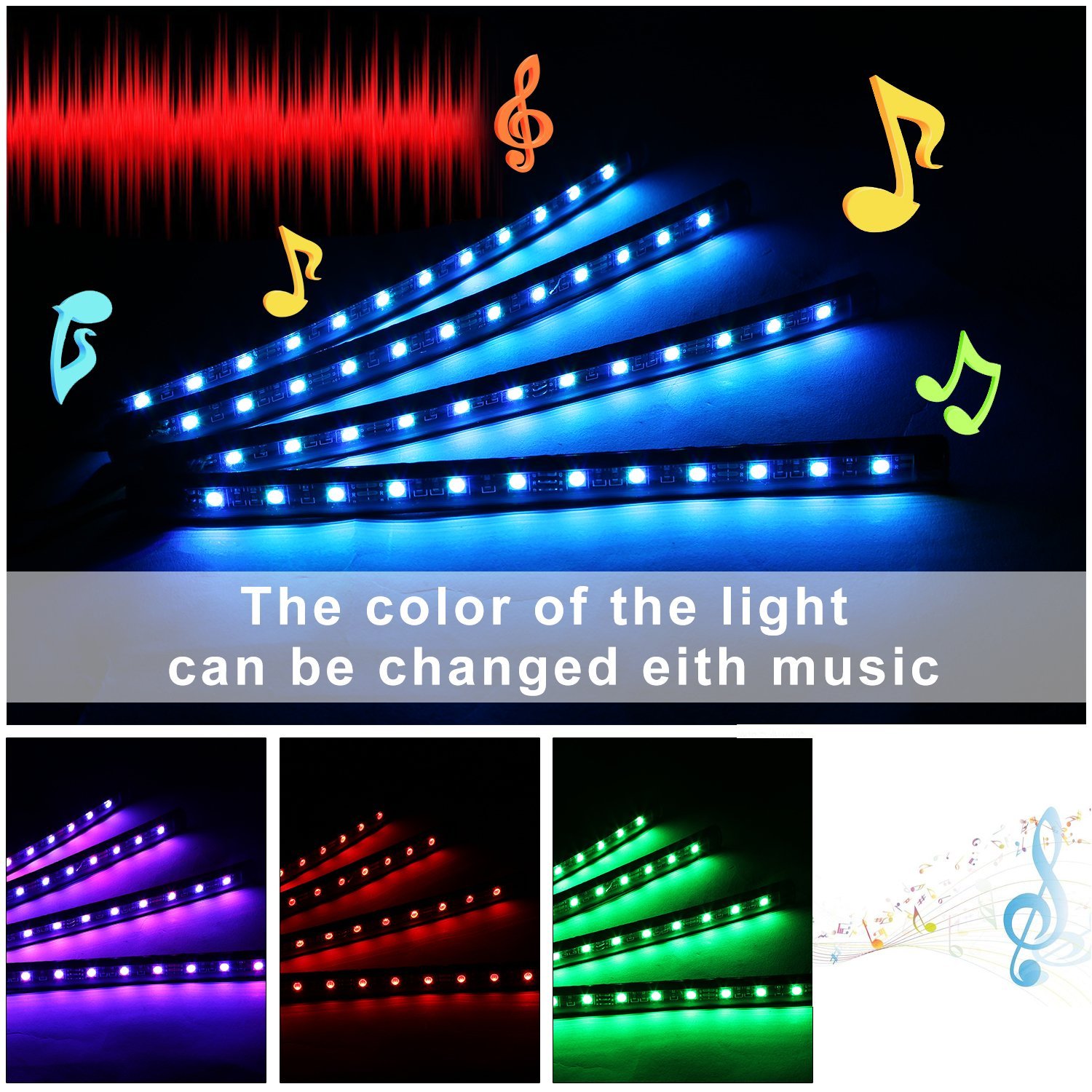 Guaiboshi Luz Interior Coche 4 Piezas 48 lámparas USB Auto Interior Atmósfera Iluminación Ambiente Tira de Luz Impermeable IP65 Música Activada kit