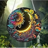 JUNWALL Moon Sun Sunflower Acrylic Window Hanging, Flower Plants Stained Acrylic Window Decor Hanging Ornaments Indoor Outdoor Garden Stained Art Panel Gift for Women Christmas Thanksgiving