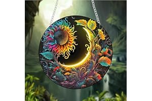 JUNWALL Moon Sun Sunflower Acrylic Window Hanging, Flower Plants Stained Acrylic Window Decor Hanging Ornaments Indoor Outdoor Garden Stained Art Panel Gift for Women Christmas Thanksgiving