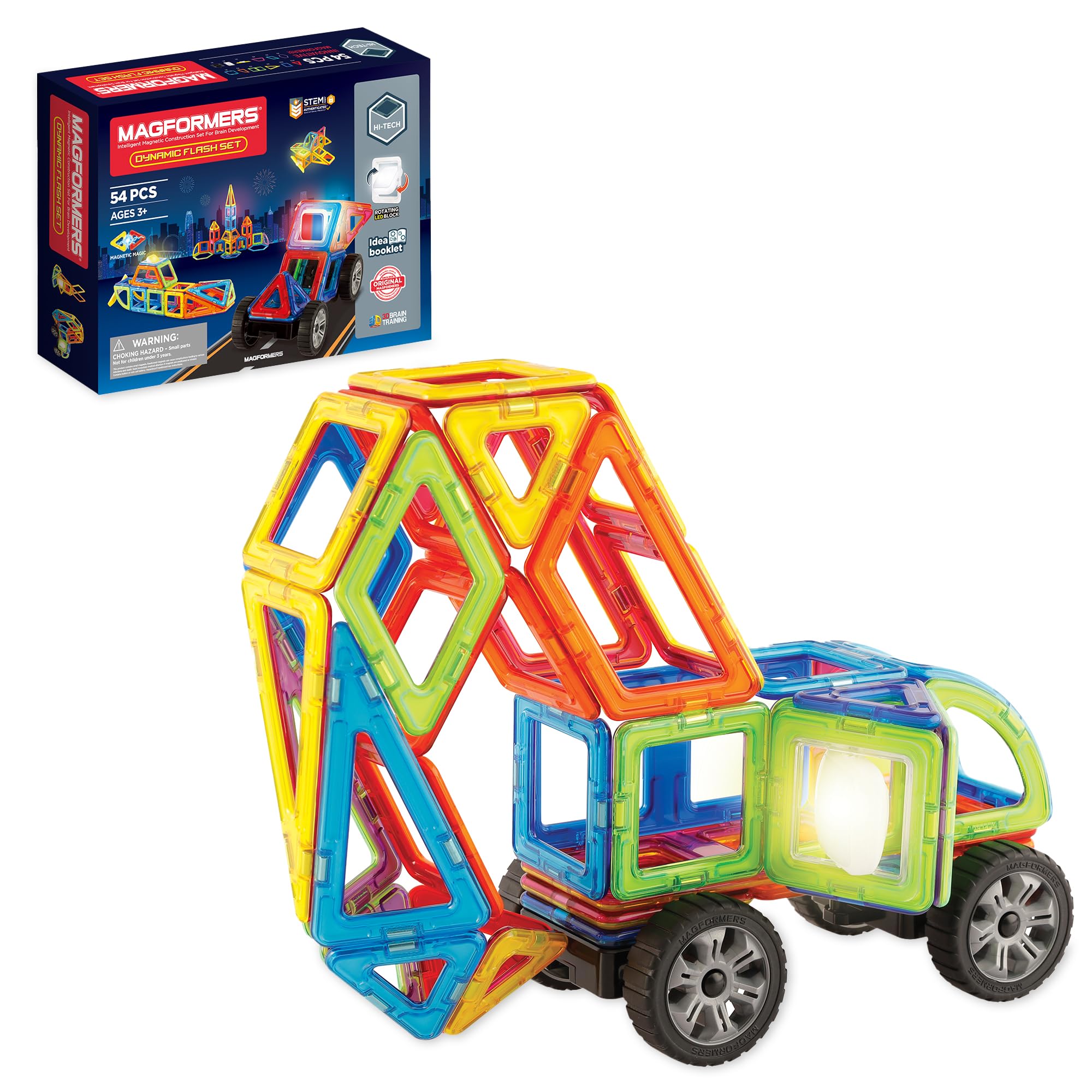 Magformers Dynamic Flash Magnetic Construction Blocks With Flashing Rotating LED And Wheels.