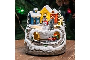 MXwcy Christmas Village Figurines Christmas Collectibles Statues Architectural Decorations, Snowman with Spinning Train 8 Music & LED Light for Xmas Home Decor Gift