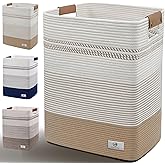 AINUOQI Laundry Hamper Large Laundry Basket with Leather Handles, Decorative Storage Cotton Rope Woven Basket for Blankets, Clothes Hamper for Living Room, Jute & White, 85L