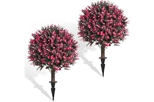 KACORN 23” Artificial Rose Boxwood Topiary Ball Trees, 2Packs UV Resistant Fake Plants with Ground Spike for Indoors & Outdoor, Faux Bush for Front Door, Porch, Garden, and Home Decor