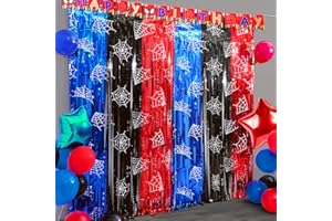 SATANKYA Spider Birthday Party Decoration, 2 Pack Spider Web Printing Red Black Blue 3.3 x 6.6ft Foil Fringe Curtains Tinsel Photo Booth Props Streamers Backdrop for Spider Party Supplies