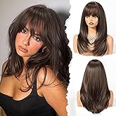 HAIRCUBE Layered Brown Medium Long Straight Synthetic Wigs for Women with Bangs Heat Resistant Natural Look for Daily Use