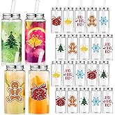 Skylety 24 Pcs Christmas Cups 13.5 oz Reusable Christmas Plastic Cups with Lids and Straws Snowflake Tumbler Xmas Tumbler for Coffee Wine Drinks for Decoration Party, 6 Styles
