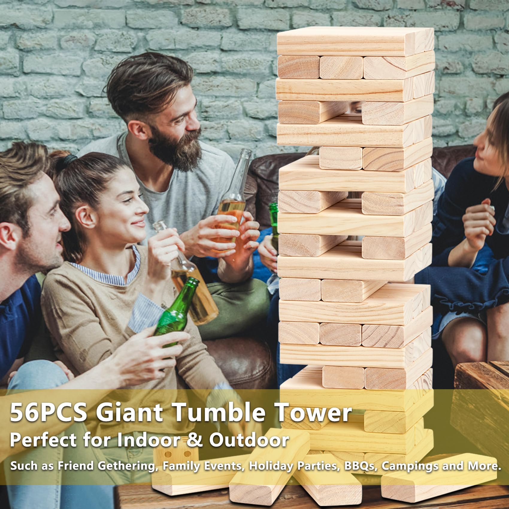 Giant Timber Blocks Games, 56 Blocks Large Tower Outdoor Games - Includes Carry Bag and Scoreboard, Wood Stacking Yard Games Grows from 2FT to Over 4.2FT for Kids Adults Family