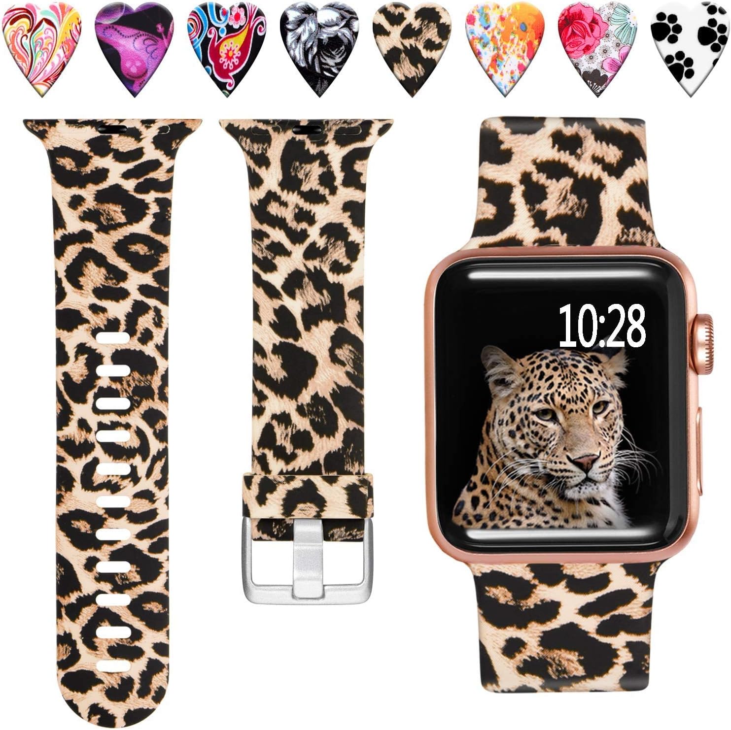 Cuteey Compatible with Apple Watch Band 38mm with Case, Fashion Stlying Replacement Silicon Wristband Strap with Printed Tempered Glass Screen Protector PC Cover for iwatch Series 3/2/1