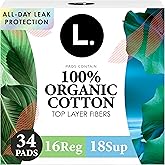 L. Ultra Thin Pads for Women, Organic Cotton Top Layer, Regular + Super Duo Pack Absorbency, Menstrual Pads with Wings, Made Without Synthetic Pesticides and Fragrances, 34 Count
