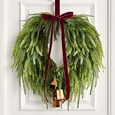 APUDWN 24” Christmas Wreaths for Front Door, Norfolk Pine Wreath Bow Bells | Artificial Green Wreath, Wine Red Ribbon Hanger, Metal Bells, Full Pine Look For Door Mantel Wall Outdoor Holiday Decor