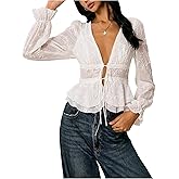 SOLY HUX Women's Deep V Neck Blouse Floral Embroidery Tie Front Long Sleeve Peplum Ruffle Hem Shirt Fall Tops