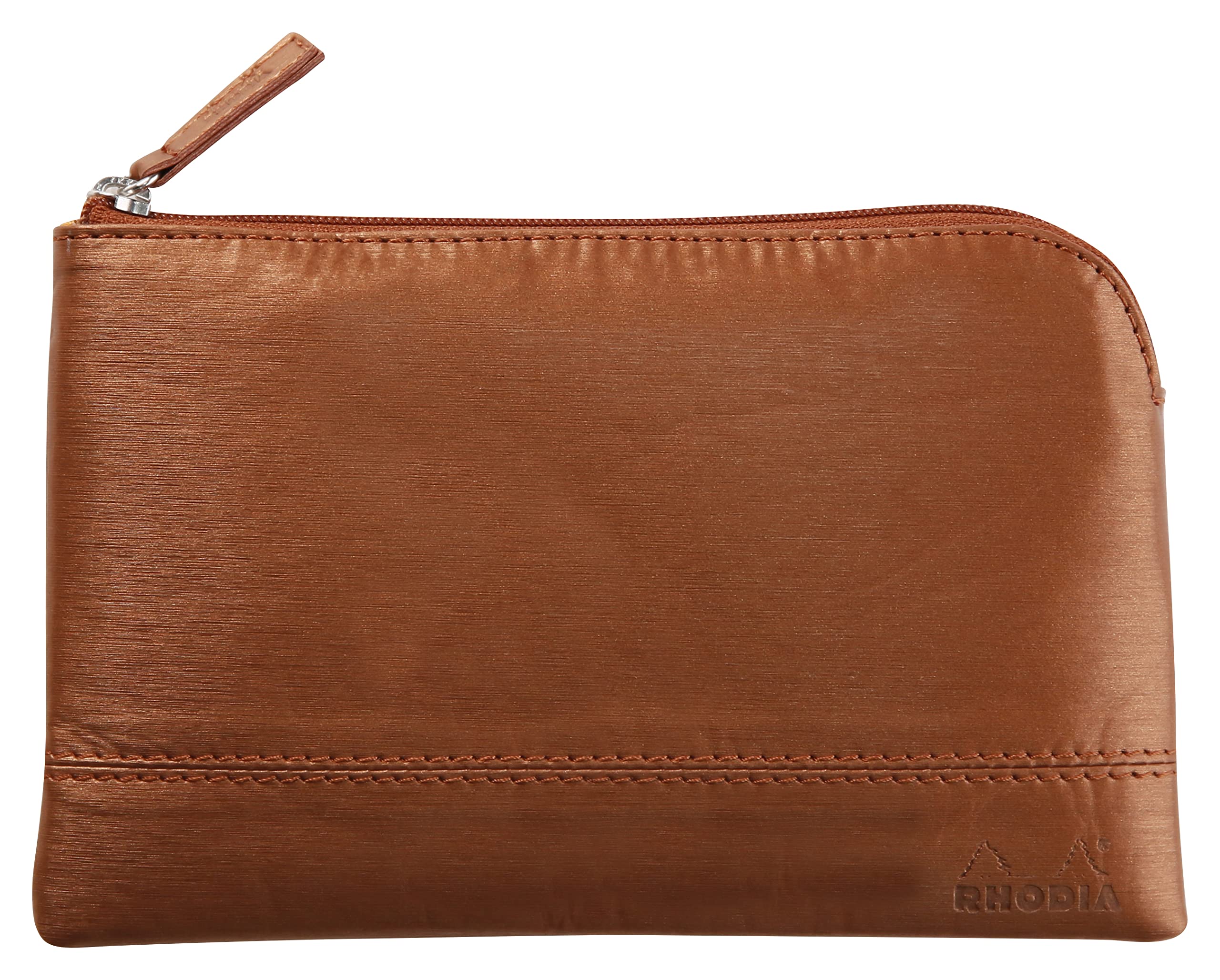 RHODIA 116518C - Faux Leather Zipped Pouch - Copper - Size S (11 x 17 cm) - Genuine Stitching - Orange Fabric Inside - Storage for Documents, Small Supplies