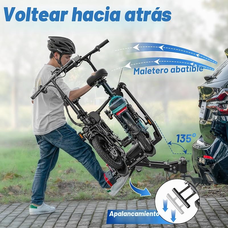 Portabicicletas E-Bike con Rampa Plegable – Soporte de Bola para 2 Bicis (60kg), Aluminio, Antirrobo, Luces 13 Pines y Soporte Matrícula