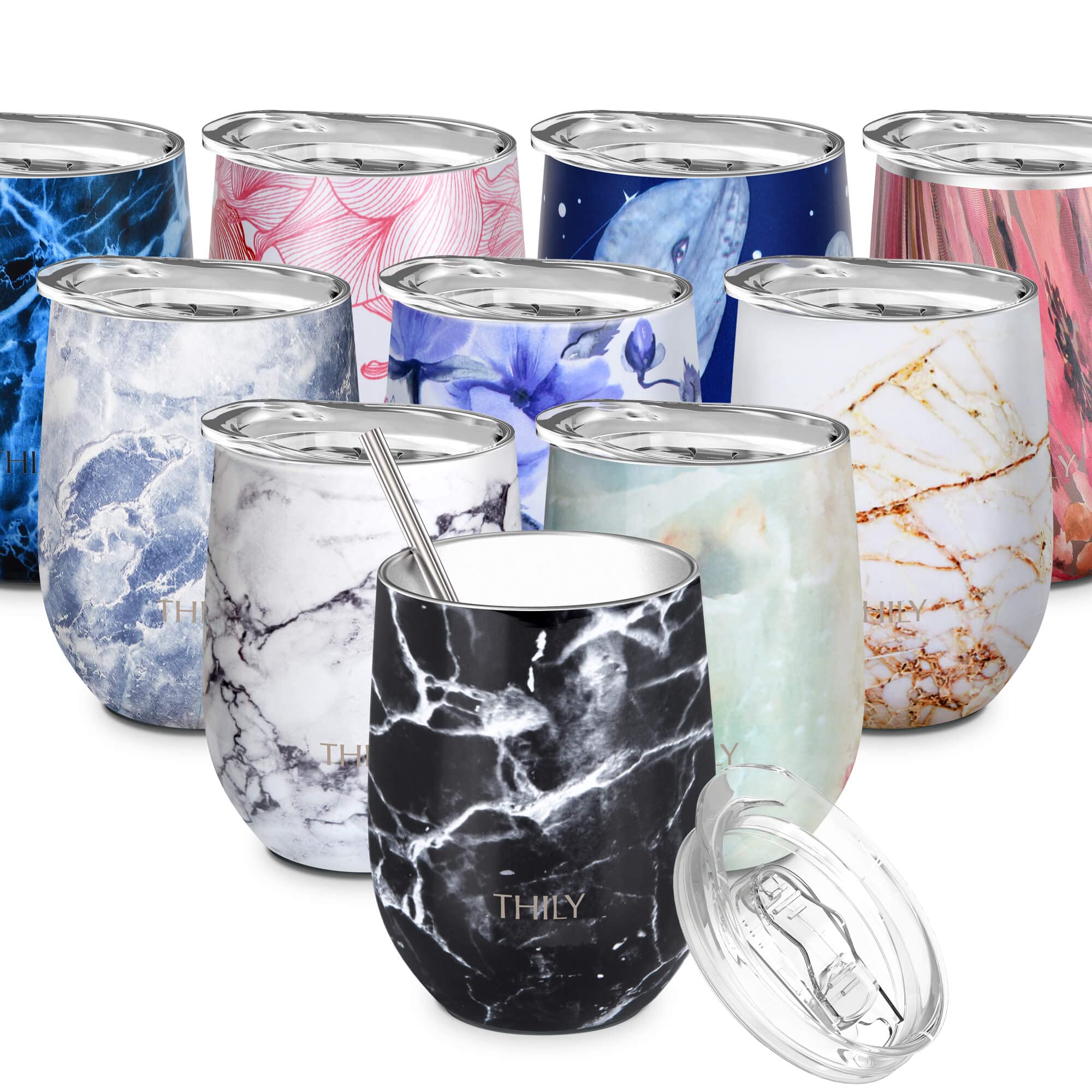 THILY Wine Tumbler Stainless Steel Insulated Stemless Wine Glass with Lid and Straw, Travel Cup Keep Cold for Coffee, Cocktails, Black Marble — image 1