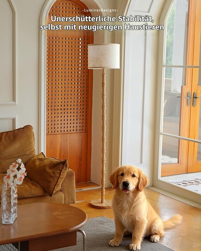 Boho Stehlampe aus Eiche Holz mit Beige Stoffschirm