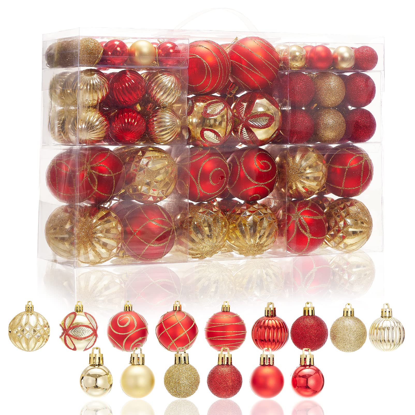 View 1 of 100Pcs Elegant Christmas Ball Set Christmas Tree Ornaments with Glitter and Patterns Bulk Ornaments for Tree as Festive Christmas Decor Xmas Ball Set Red Gold