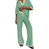 FIRVESPY Womens 2 Piece Outfits Set Oversized 3/4 Sleeve V Neck Knit Tops Drawstring High Waisted Pants Lounge Sets