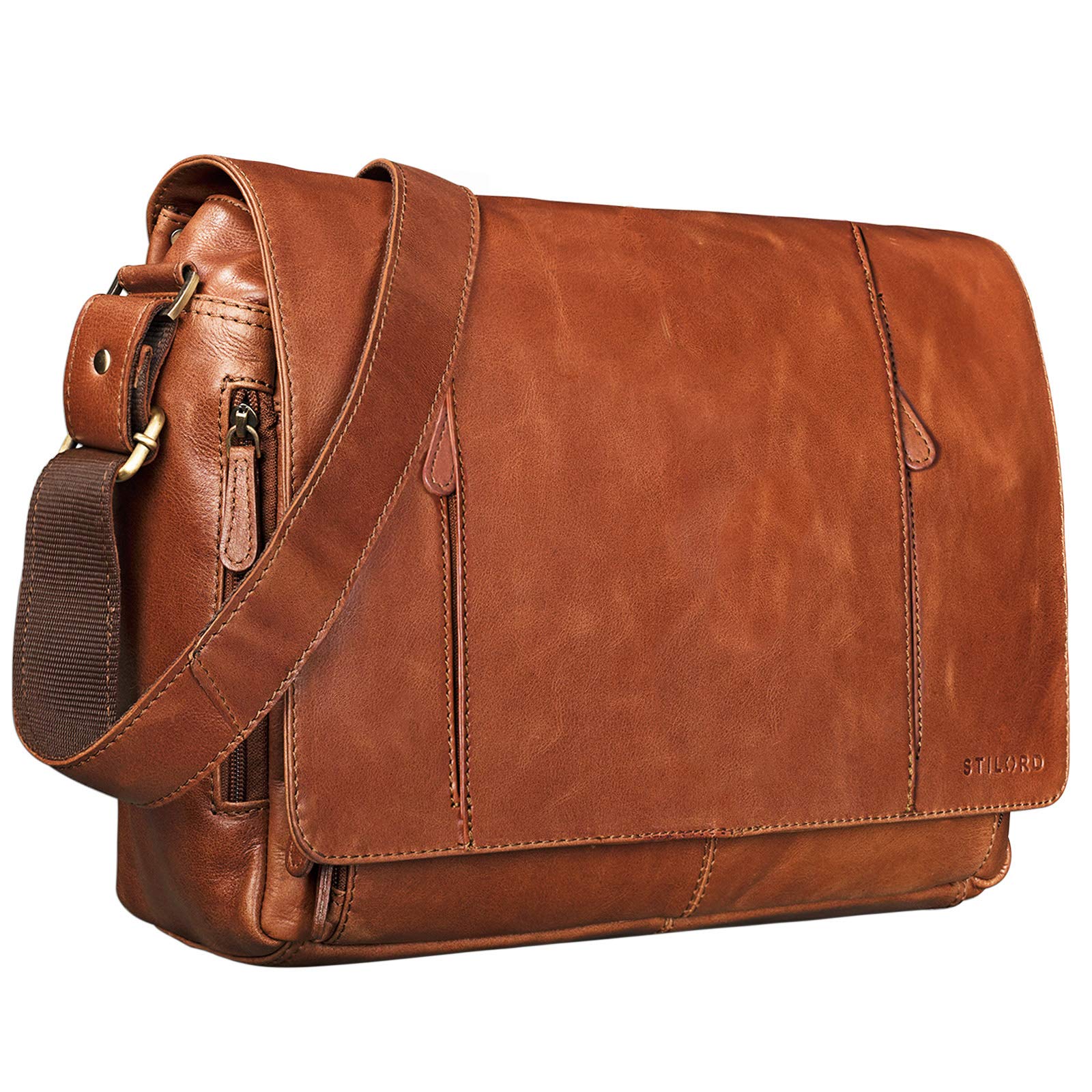 STILORD "Erik" Vintage Shoulder Bag Leather for 15'6 inch Laptop Messenger Bag Men Women Satchel University Genuine Buff Leather Office School Work Crunchy Colour:Shiny Cognac Brown