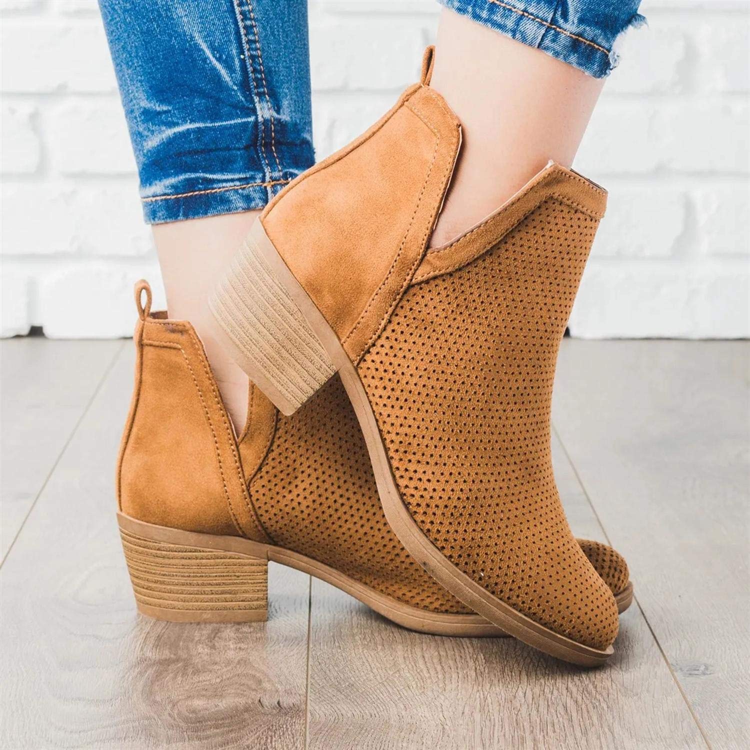 Womens Perforated Cutout Fall Booties Chunky Block Heels Slip on Ankle Short Boots - Image 4