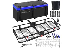 KAIZONPOT 60" x 24" x 6" Trailer Hitch Cargo Carrier Hitch Mount & 20cu Waterproof Cargo Bag, Folding Vehicle Cargo Basket 550lb Capacity with Hitch Stabilizer, Net and Straps